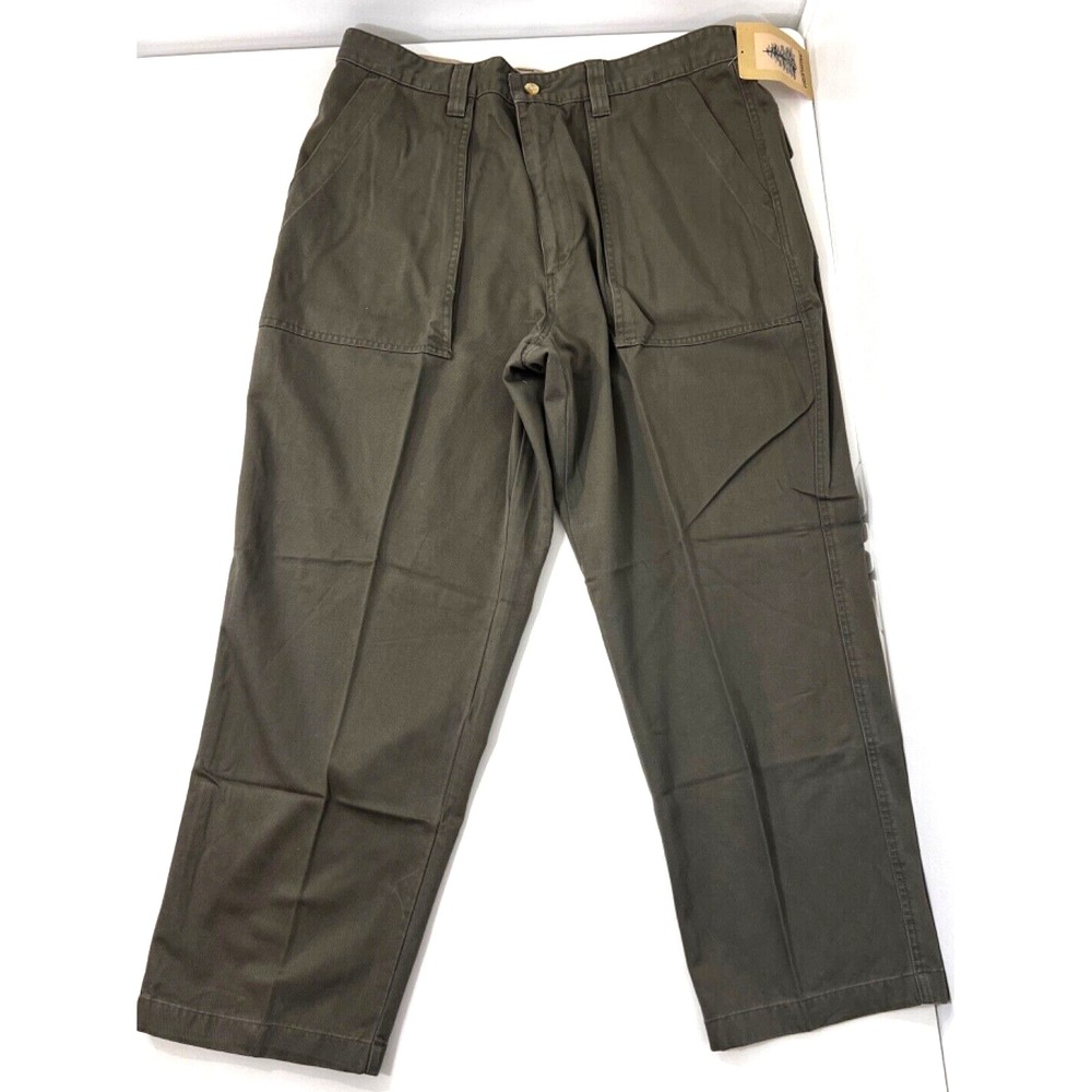 Field Master Pants Mens 38x29 Flat Front Khaki Green Deep Pockets Cotton
